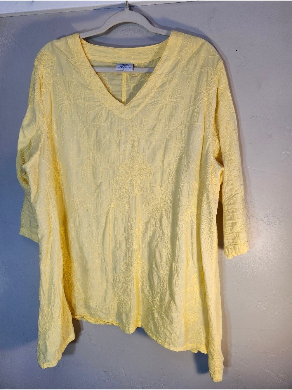 Cottonseed 100% Cotton  V-Neck Embroidered Tunic Top in Pale Yellow